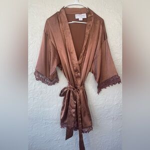Birdy Grey bronze satin lace robe; outer and inner tie, sexy, loungewear; XS / S